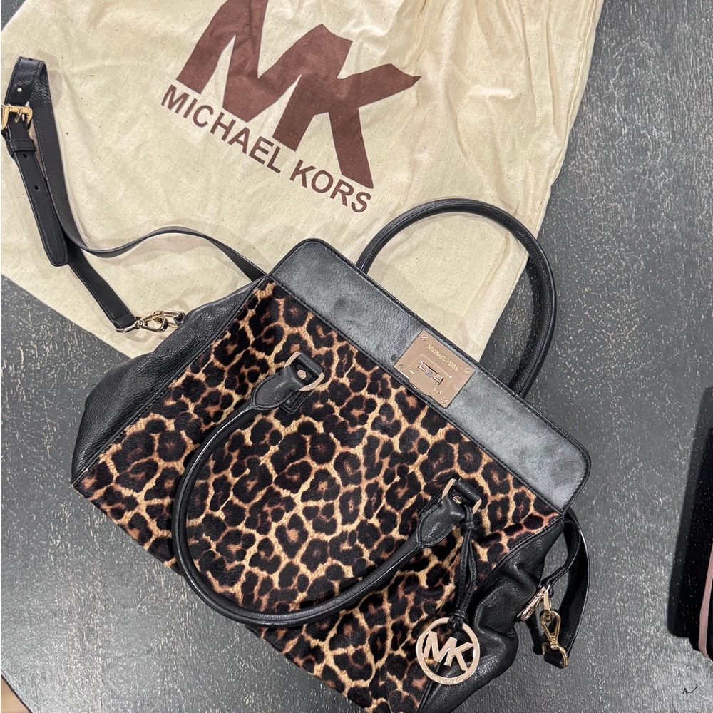Michael Kors Black and Brown Leopard Satchel